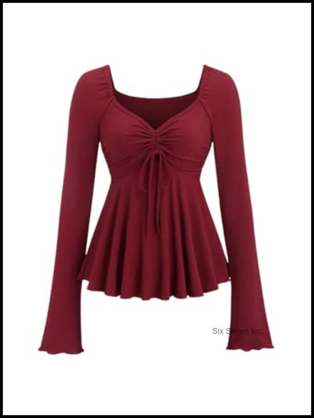 Women's V Neck Ruched Tie Front Long Sleeve Ruffle Peplum Babydoll Top